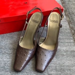 🆕 Charles Jourdan sling back ostrich, plum heels
